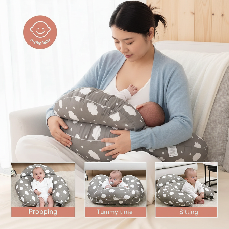 Woman breastfeeding a baby using a cloud-patterned nursing pillow on a white background