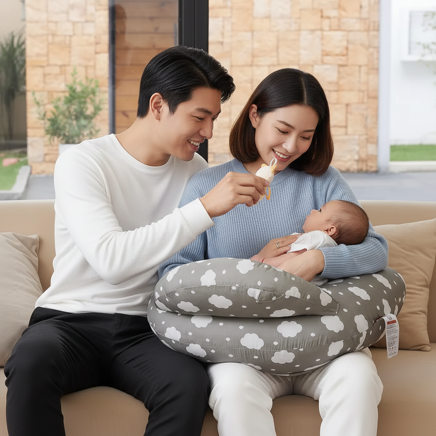 Woman breastfeeding a baby using a cloud-patterned nursing pillow on a white background