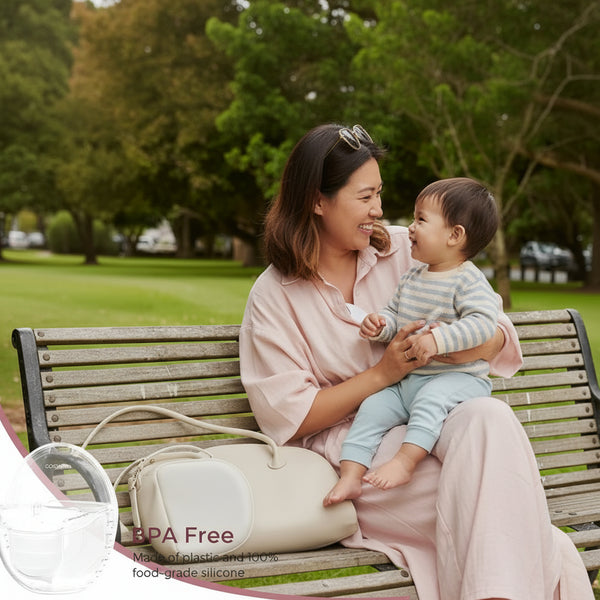 Buy Momcozy M6 Milk Collector Cup showing BPA free, made of plastic and 100% food-grade silicone in use with a mother and child.
