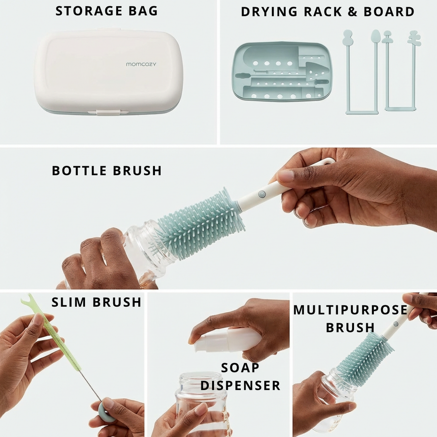 Momcozy 7-in-1 Bottle Brush Set Silicone Baby Bottle Cleaner Kit with Rack