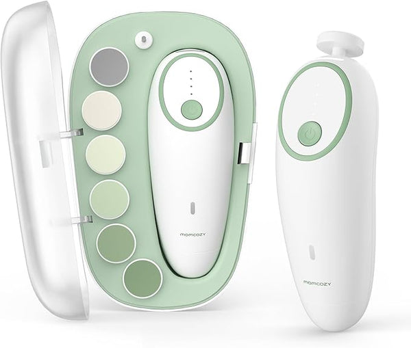 Momcozy Electric Baby Nail File with LED and four smooth nail trimmer attachments in a compact storage case.