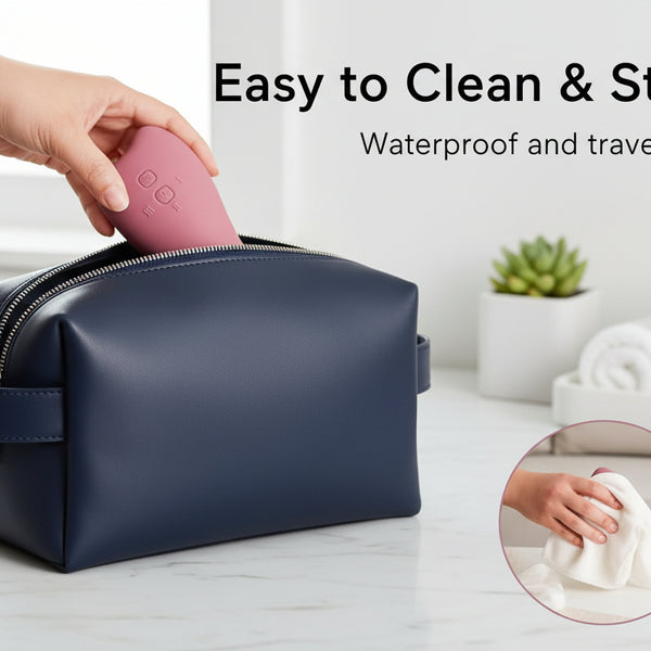 Momcozy Double warming and Lactation Massager in a stylish bag, showcasing portability and convenience for moms.